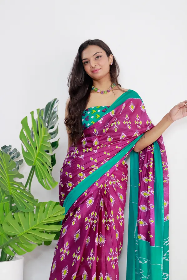 HANDICRAFT_WOMEN'S_Ikkat_PRINT_PURE_SOFT_COTTON_SAREE_WITH_BLOUSE_PIECE_With_Blouse_Piece